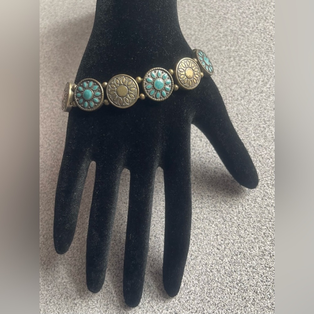 Bronze Toned & Faux Turquoise Stretch Bracelet
